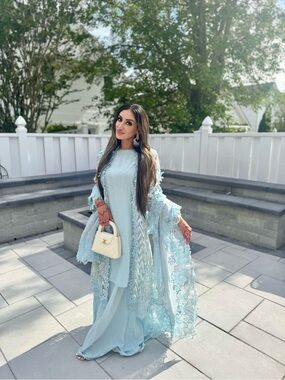 Elegant Light Blue lawn Maxi Dress with Matching Overlay Sana safinaz